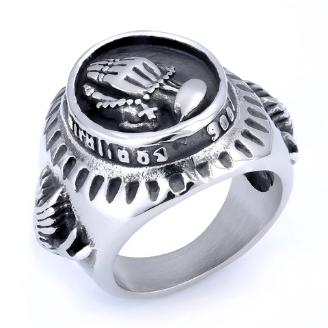 Anillo Sigillo Religioso Medaglia Di San Benedetto Per Uomo In Acciaio Inossidabile Mani In Preghiera Rosario Stile Punk Antico