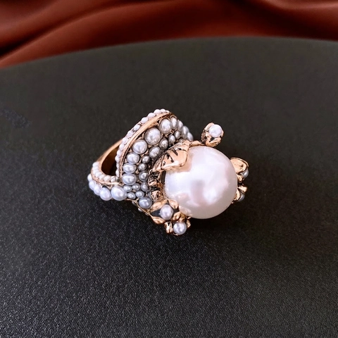 Vintage Baroque Flower Ring Alloy With Large White Imitation Artificial Pearl Palace Style Statement Jewelry For Women