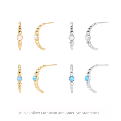 Boucles D'oreilles Géométriques En Forme De C Avec Tige En Argent Sterling 925 Opale Synthétique Ronde Zircon Inlay Femmes