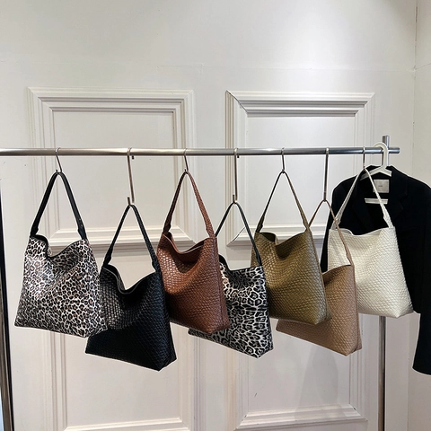 Bolso Tote Grande De Cuero PU Trenzado Estampado De Leopardo Para Mujer Bolso De Hombro Chic Minimalista Diario Casual