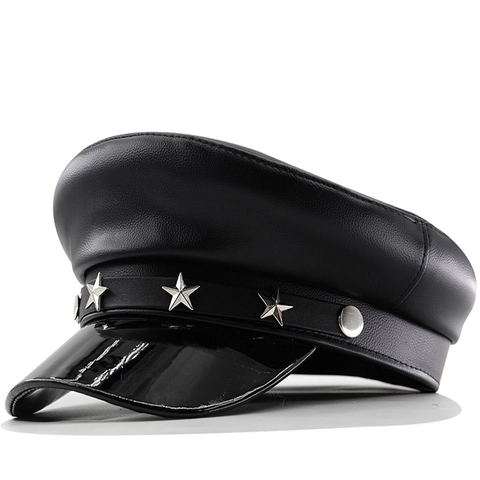 Cappello Da Marinaio Donna Pelle PU Tesa In Vernice Militare Rivetti Stella Metallo Argento Retro Punk Piatto Nero