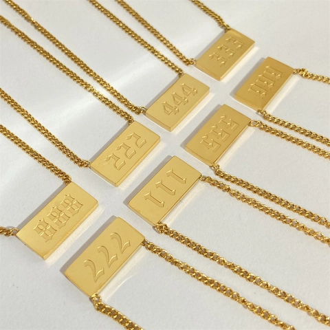 Angel Nummer Anhänger Halskette Edelstahl 18K Vergoldet Rechteck Tag Glück Minimalistisch Ästhetisch Schmuck Frauen