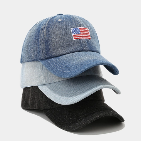 Casquette De Baseball En Denim Lavé Avec Broderie Drapeau Américain Vintage Coton Distressed Dad Hat Ajustable