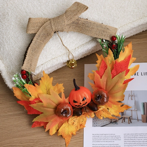 Artificial Autumn Wreath For Front Door With Maple Leaves Pumpkins Berries Pine Cones For Halloween Thanksgiving Decor