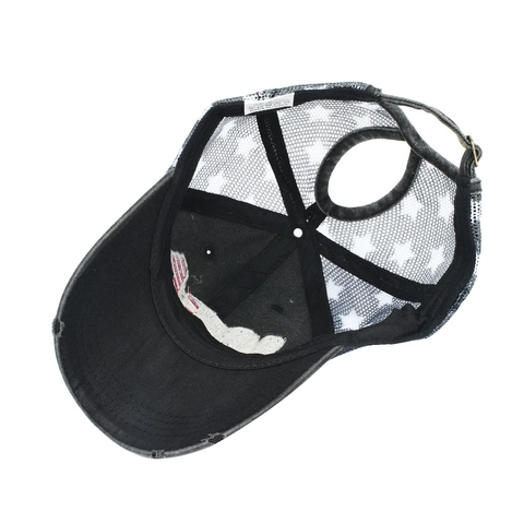 USA Flag Embroidery Washed Cotton Ponytail Baseball Cap Distressed Mesh Back Adjustable Trucker Hat For Women Men