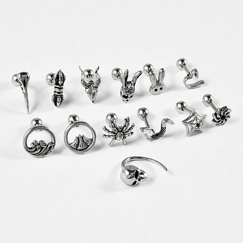 Stainless Steel Cartilage Earrings Gothic Punk Skull Snake Spider Rabbit Heart Zirconia Piercing Screw Back Helix Stud