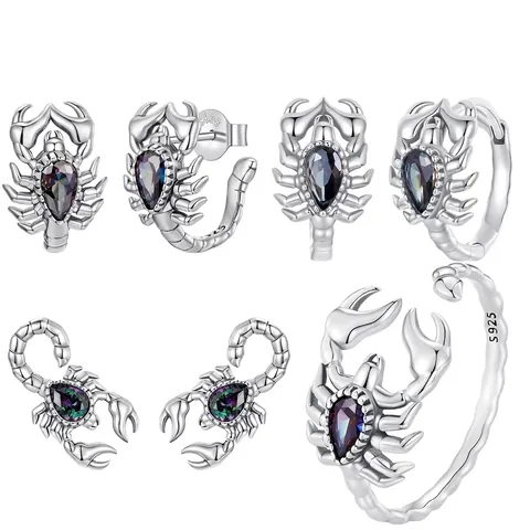 Scorpion Earrings And Adjustable Ring 925 Sterling Silver Iridescent Zirconia Vintage Gothic Punk Dark Style Jewelry