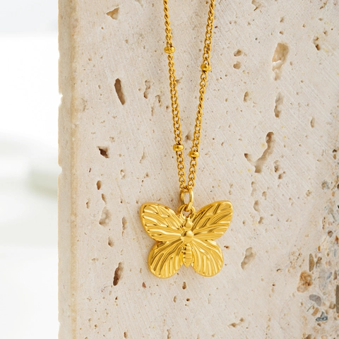 18K Gold Plated Stainless Steel Butterfly Pendant Necklace For Women Elegant Bead Chain Clavicle Necklace Jewelry Gift