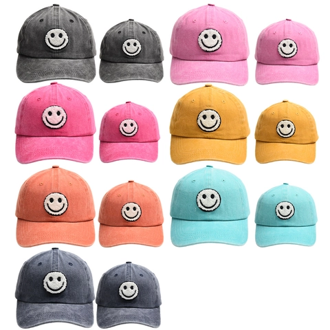 Washed Cotton Baseball Cap With Chenille Smiley Face Patch Retro Adjustable Sun Hat For Adults And Children