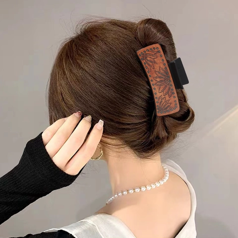 Pinza De Pelo Western Vintage Motivo Girasol Cuero Artificial Rectangular Grande Pinza Retro Accesorio Para Mujer