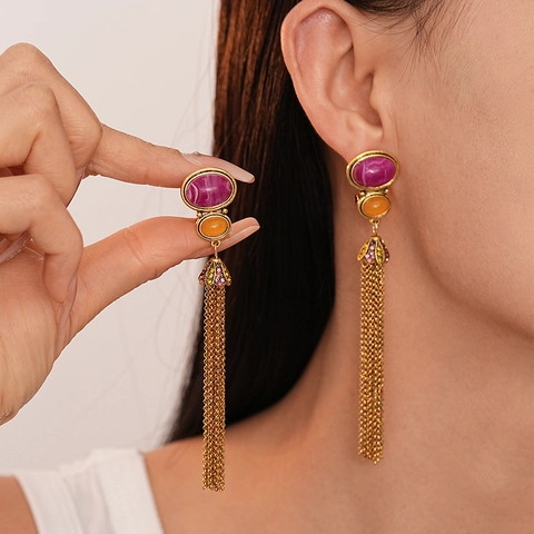 Pendientes Largos De Gota Con Pedrería Ovalada Vintage Con Poste De Plata Cadena De Borlas De Contraste Para Mujeres