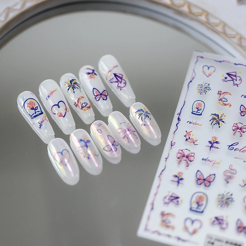 Autocollants Art De L'Ongle En Relief Papillon Coloré Fleurs Arc-En-Ciel Motifs Linéaires Auto-Adhésif Décalcomanies