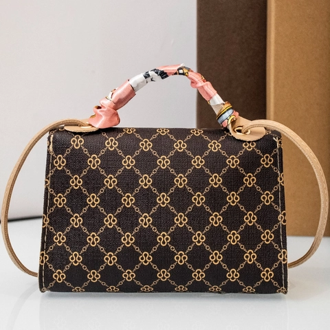 Women Retro PU Leather Shoulder Bag With Satin Scarf Handle Printed Monogram Pattern Elegant Crossbody Handbag Casual