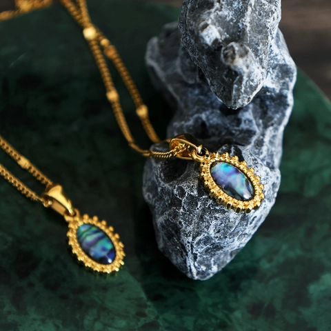 Böhmische Edelstahl Abalone Muschel Halskette Vintage Ovaler Anhänger 18K Vergoldete Kette Halsketten Für Damen Schmuck Geschenk