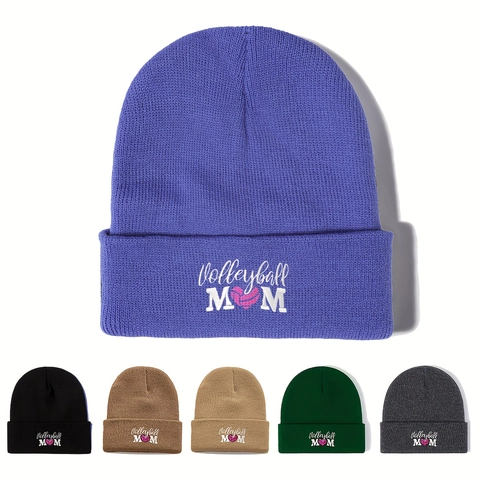 Volleyball Mom Beanie Hat Embroidered Heart Volleyball Acrylic Knitted Cuffed Cap For Women Winter Outdoor Warm