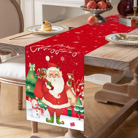 Kerst Tafelloper Polyester Feestelijke Kerstman Sneeuwpop Print Diner Vakantie Huis Feest Decoratie