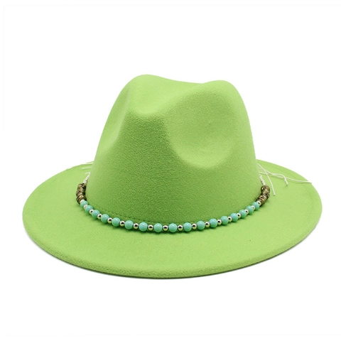 Fedora Hat Wide Brim Wool Felt With Turquoise Beads Decorative Band Bohemian Vintage Jazz Sun Hat For Women Men