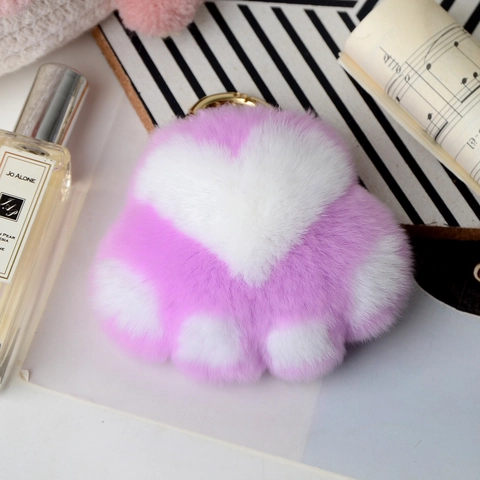 Cute Plush Rex Rabbit Fur Cat Paw Keychain Heart Pattern Soft Furry Bear Claw Bag Charm Key Ring For Women Girls Gift