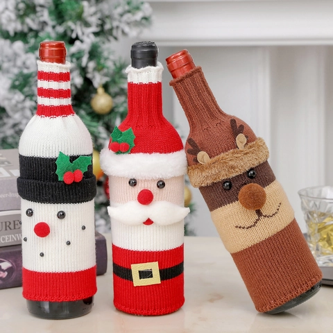 Christmas Wine Bottle Covers Knitted Acrylic Santa Snowman Reindeer Festive Table Decoration Party Decor Gift