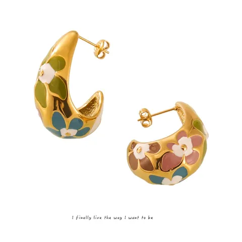 Bloemen Emaille Hoop Oorbellen Titanium Staal Verguld Retro C-Vormige Dikke Bloemenprint Sieraden Voor Dames