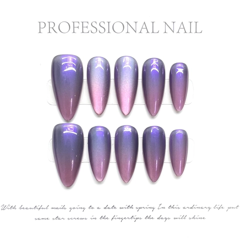 Handgefertigte Cat Eye Press On Nägel Blau Lila Verlauf Mandel Stiletto Form Glänzend Metallic Französischer Stil Nägel