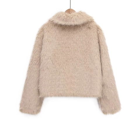 Dames Faux Fur Jas Revers Lange Mouw Rits Kort Warm Winterjas Elegant Beige
