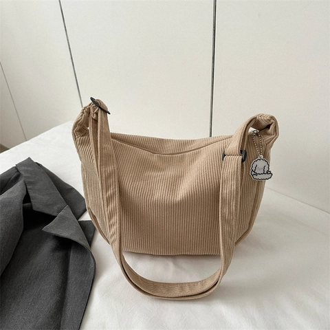 Corduroy Shoulder Bag Dumpling Crossbody Bag For Women With Cartoon Charm Adjustable Strap Japanese Casual Hobo Bag