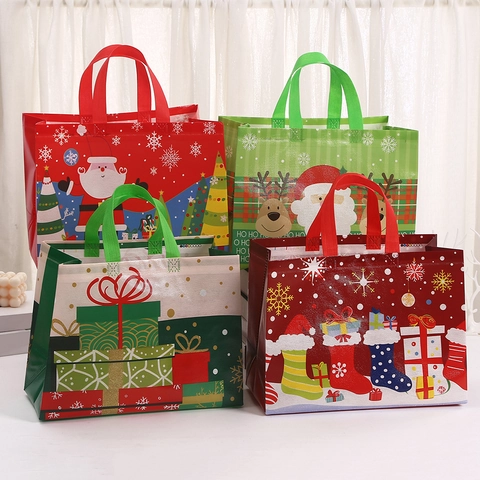 Christmas Gift Bags Non Woven Fabric Reusable Waterproof Holiday Party Handbags With Handles Santa Claus Reindeer Pattern