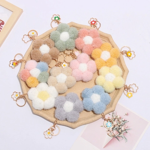 Llavero De Aleación Peluche Flor Pom Pom Colgante De Bolsa Dulce Floral Llavero Accesorio Decorativo Para Mujeres Niñas Regalo