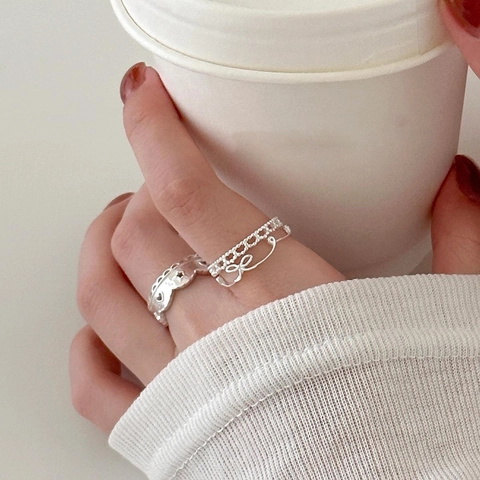 Frauen Verstellbarer Kupferring Silberfarben Hohlherz Stern Spitze Schleife Eleganter Minimalistischer Schmuck