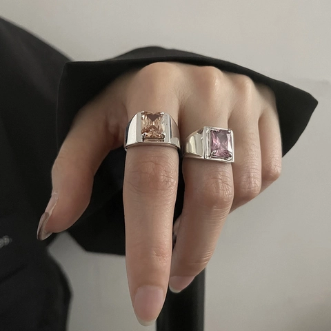 Wide Band Adjustable Open Ring Copper With Rectangle Pink Zircon Ins Style Elegant Jewelry For Women