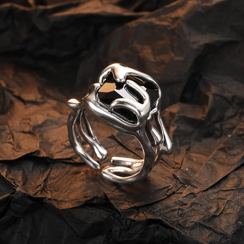 Vintage Irregular Molten Metal Copper Ring With Black Zirconia For Women Exaggerated Gothic Adjustable Open Index Finger Ring