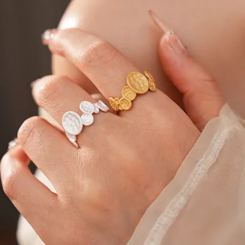 Anillo Ajustable De Cobre Martillado Diseño Discos Irregulares Moda Color Oro Plata Mate Joyería Dedo Para Mujer
