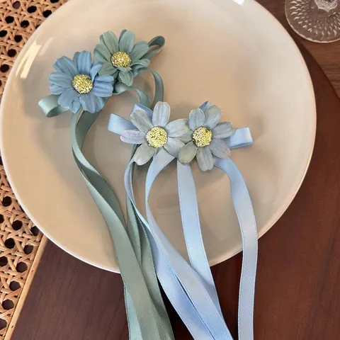 Madeliefje Bloem Haarklem Met Lang Lint Satijn Stof Zoete Frisse Stijl Eendenbek Clip Voor Meisjes Vrouwen