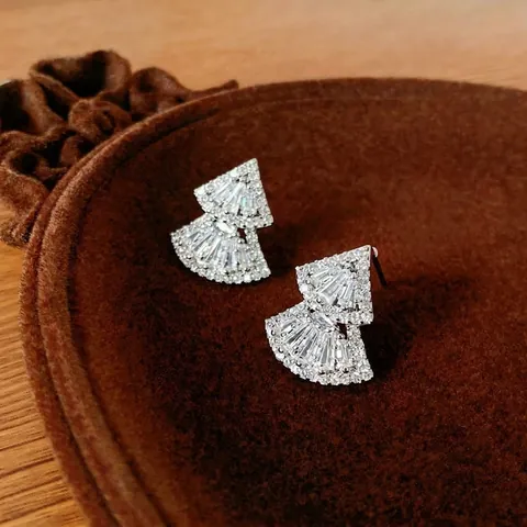 Elegant Double Layer Fan Shaped Zircon Earrings With Silver Earring Post Copper Base Jewelry For Women