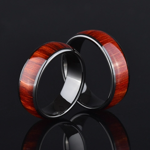 Herren Ring Edelstahl Mit Holzmaserung Einlage Vintage Retro Personalisiertes Gewölbtes Band Schmuck Für Jungen Unisex