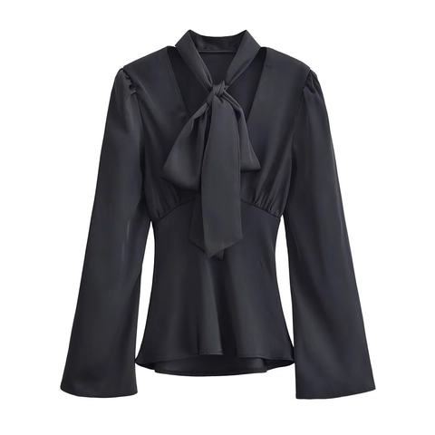 Elegante Dames Zwarte Satijnachtige Blouse Met Strik V-Hals Lange Mouwen Klokmouwen Modieus Shirt Top