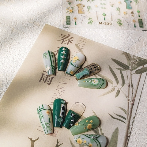 Chinese Style Nail Art Stickers Matte Bronzing Qipao Bamboo Flower Self Adhesive Decals Vintage Elegant Manicure DIY Decoration