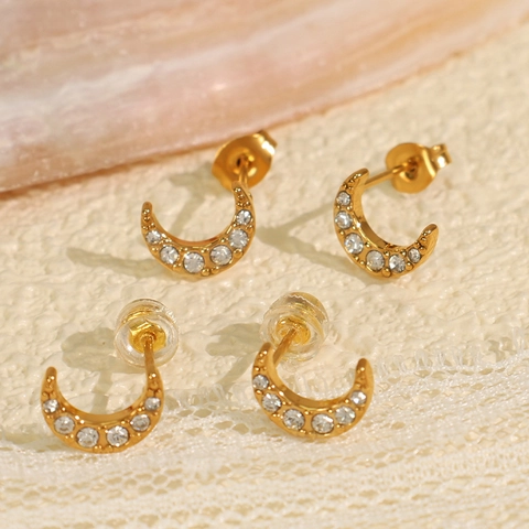 Pendientes de Botón de Luna Creciente de Acero de Titanio Bañado en Oro de 18K Con Circonia Joyería de Moda para Mujer