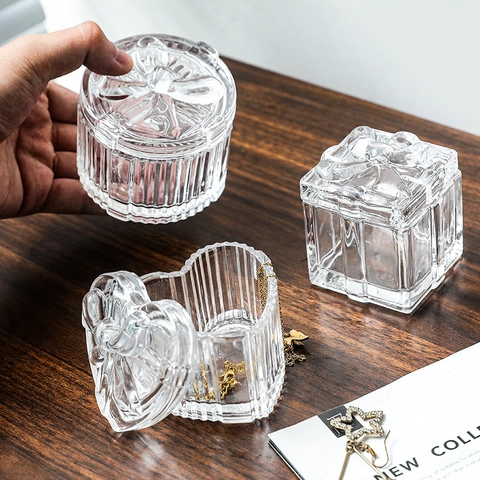 Kristallglas Schmuckschatulle Aufbewahrungsdose Mit Schleifendeckel Geprägte Transparente Süßigkeitenbehälter Desktop Organizer Dekor
