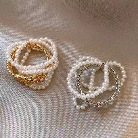 Multi Layer Beaded Ring Faux Artificial Pearl Gold Plated Adjustable Open French Retro Elegant Jewelry For Women