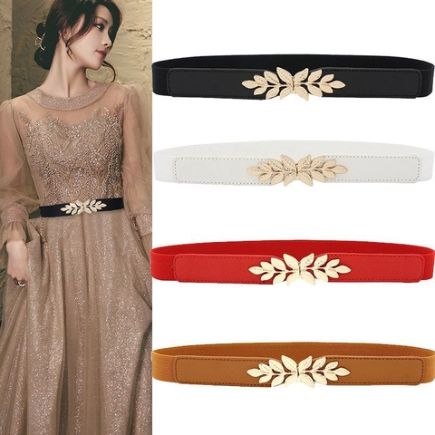 Ceinture Élastique Femme Boucle Feuille Dorée Simili Cuir Ceinture Fine Pour Robes Élégante