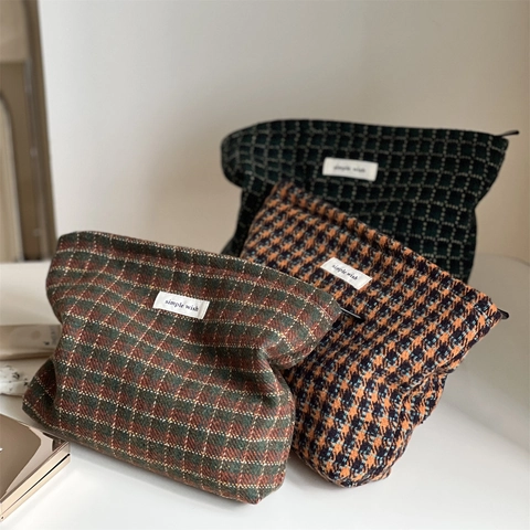 Trousse De Toilette Rétro En Laine À Carreaux Organisateur De Maquillage Pochette À Main Style Vintage
