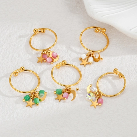 Anillo Ajustable De Acero Inoxidable Chapado En Oro Con Colgantes De Estrella Luna Y Cuentas Ojo De Gato Estilo Bohemio