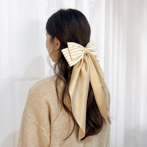 Large Bow Hair Clip With Long Ribbon Plaid Polyester Satin Elegant Korean Style Sweet Headwear For Women Girls