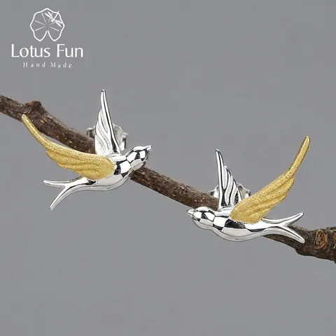 Handmade 925 Sterling Silver Swallow Bird Stud Earrings For Women Minimalist Matte Gold Silver Two Tone Animal Jewelry Gift