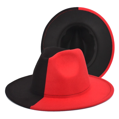 Tweekleurige Color Block Fedora Hoed Brede Rand Wolvilt Jazz Hoed Voor Heren Dames Gradiënt Patchwork Mode Elegant