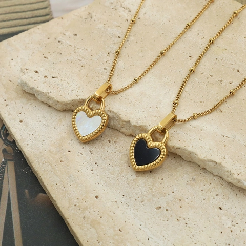 Französischer Stil Galvanisierte Edelstahl Herz Anhänger Halskette Doppelseitige Muschel Einlage Satellitenkette Schmuck Für Damen
