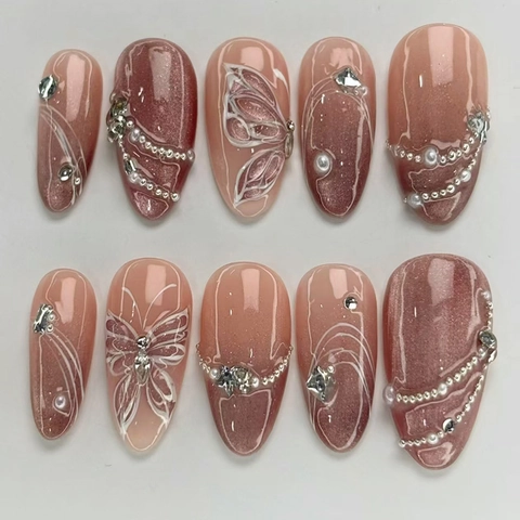 Uñas Postizas 3D Ojo de Gato Mariposa Degradado Rosa Diseño Galaxia Estrella Con Diamantes de Imitación Perla Artificial Uñas de Almendra para Mujer
