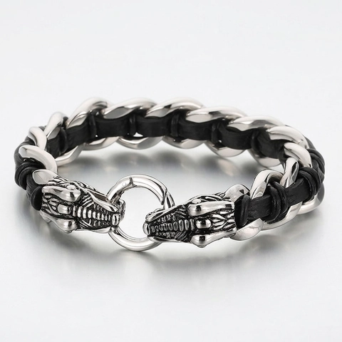 Dragon Head Bracelet Stainless Steel Braided Leather Mens Punk Gothic Vintage Biker Hand Jewelry Accessory